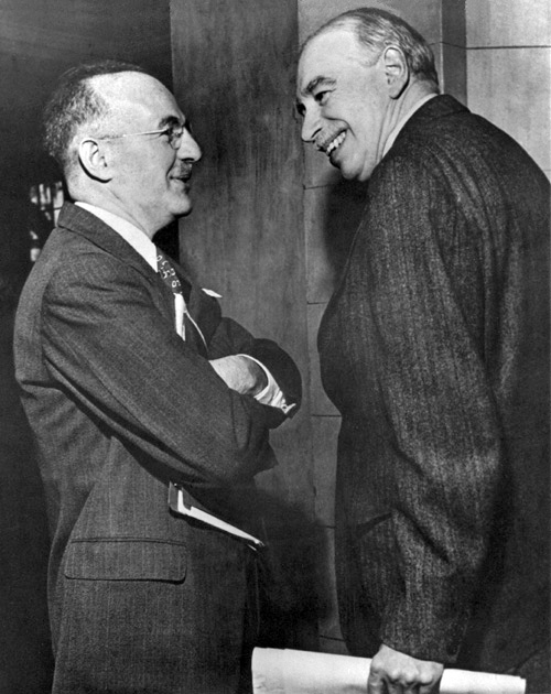 The two key negotiators at Bretton Woods. On the left Harry Dexter White of the US Treasury, on the right British economist John Maynard Keynes. White's view prevailed in most cases. He was later revealed to have been a Soviet agent.